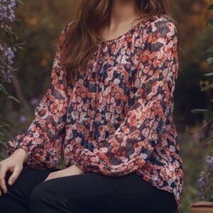 Sheer Silk Joie Navy Floral Peasant Blouse Billowy Sleeves Size M Medium